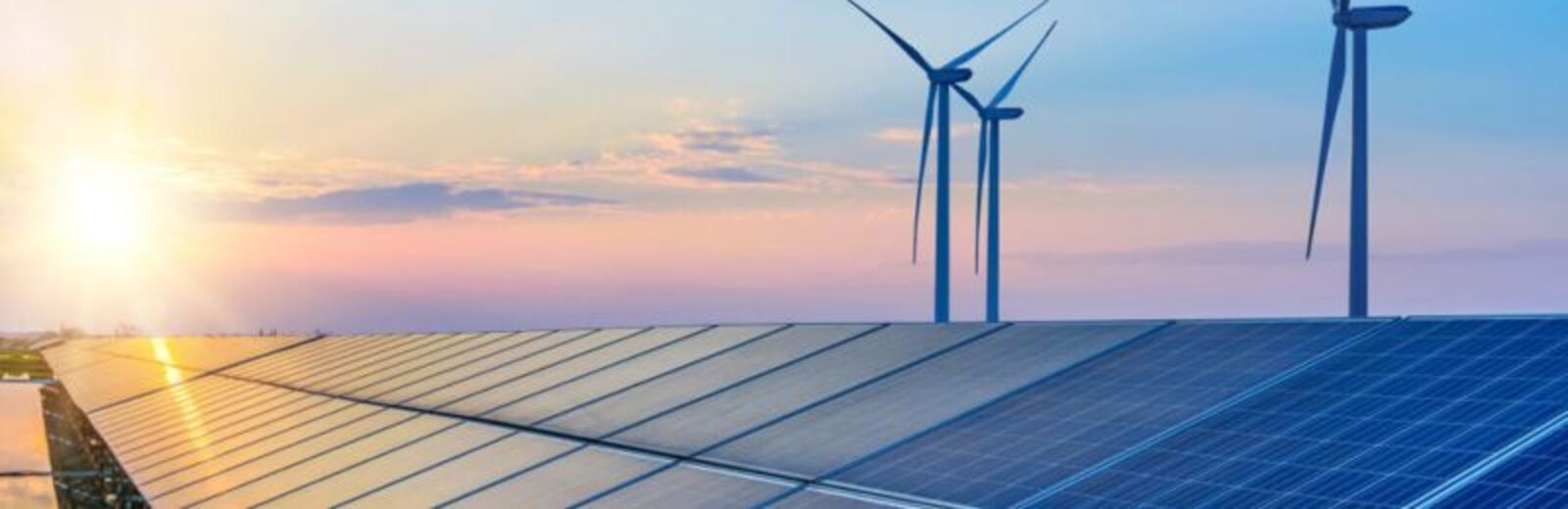 Photograph of solar panels, with wind turbines in the background.