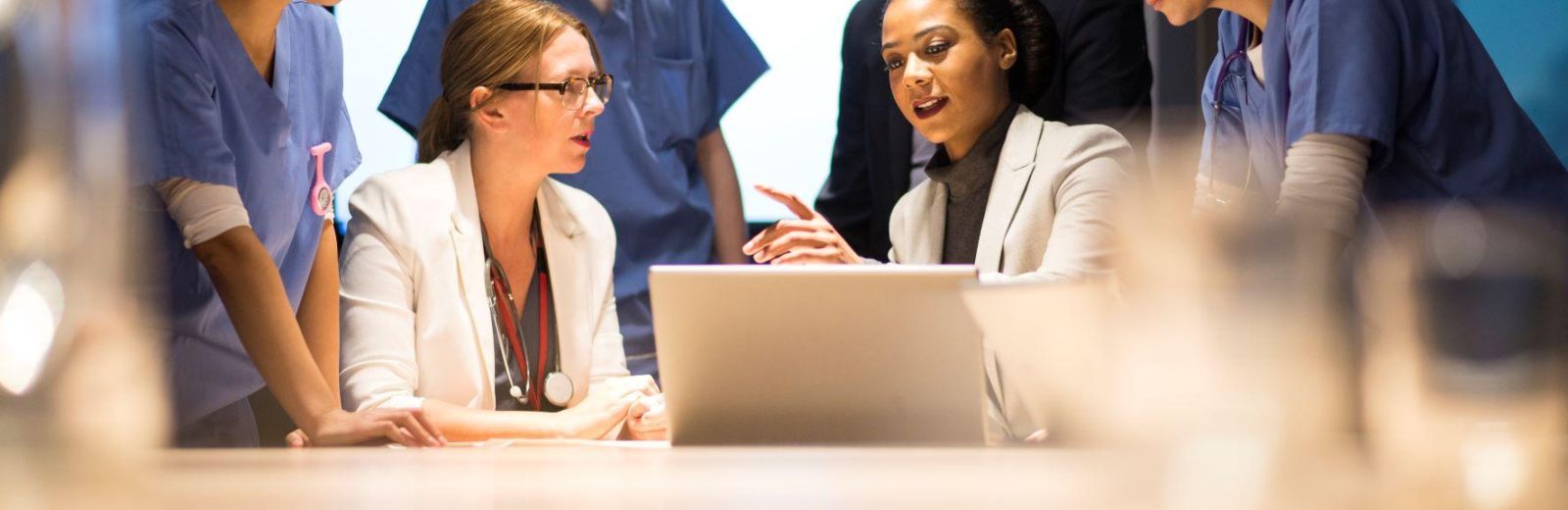 Health professionals look at laptop.